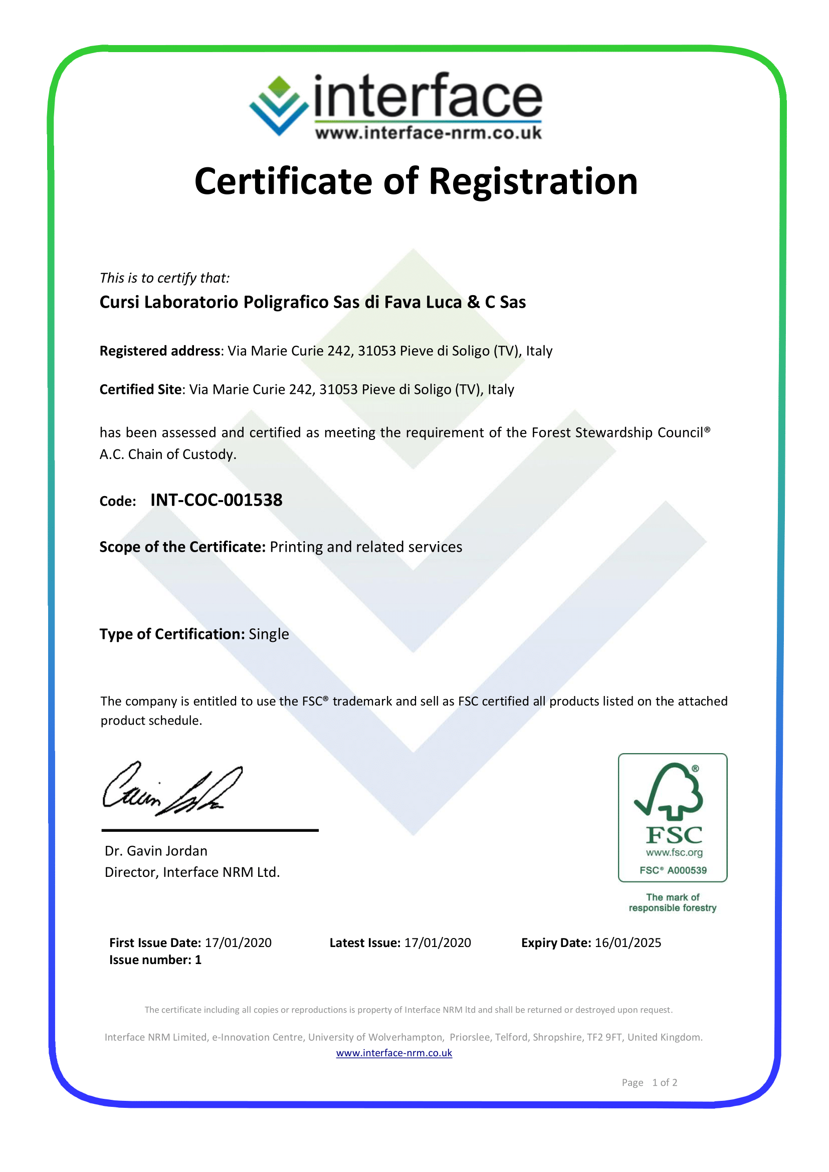 Certificazione 1^ pagina